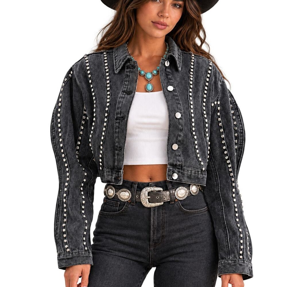 CE MORE NWT Studded Western Cropped Denim Jacket Black Wash M